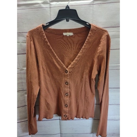 Gilded Intent Burnt Orange V-Neck Button Front Cardigan, 100% Cotton, Size Large - Picture 2 of 6